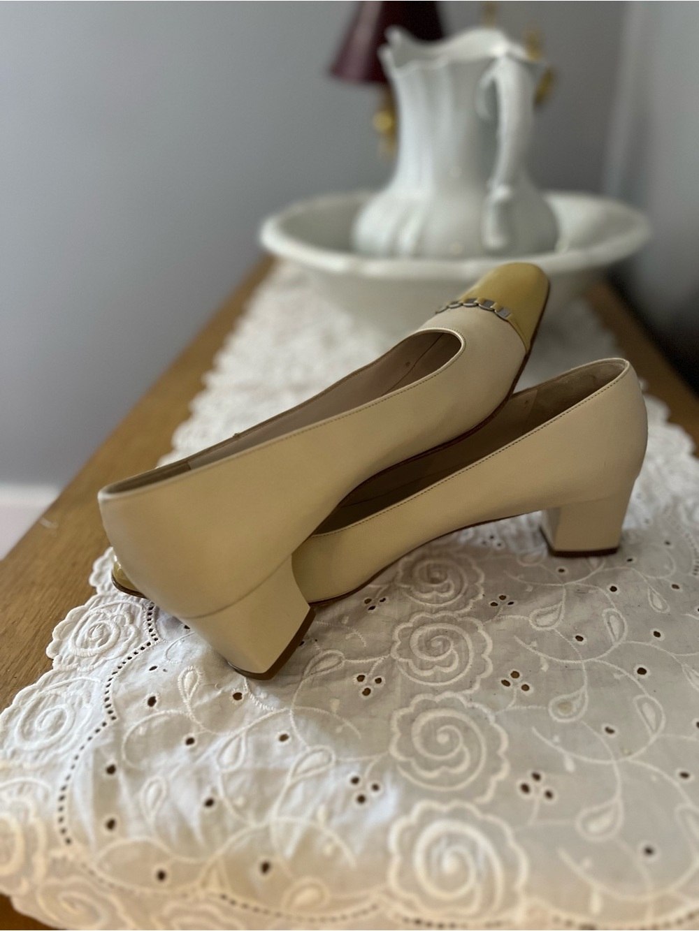 Salvatore Ferragamo Two-Tone Cream and Yellow Low Block Heel Pumps